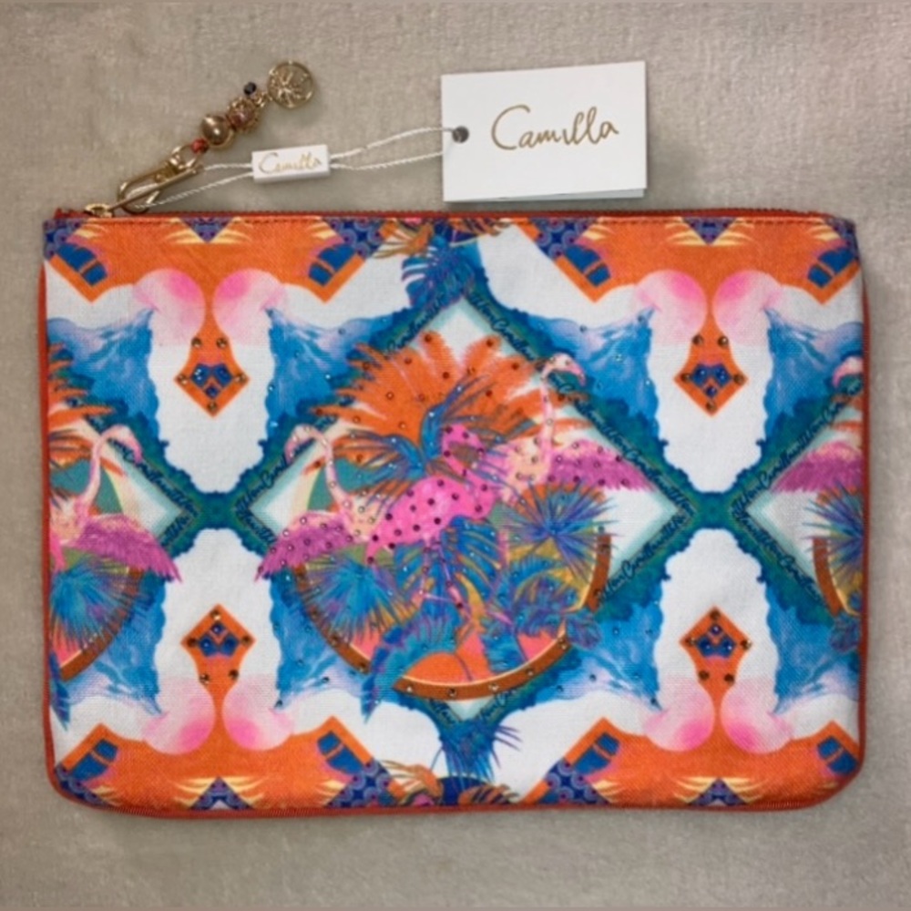 NEW Stunning tropical themed flamingo clutch bag by designer Camilla